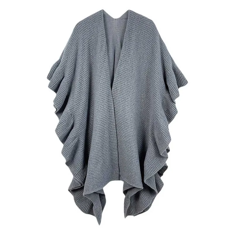 Reversible Ruffle Sleeves Knit Ruana Poncho