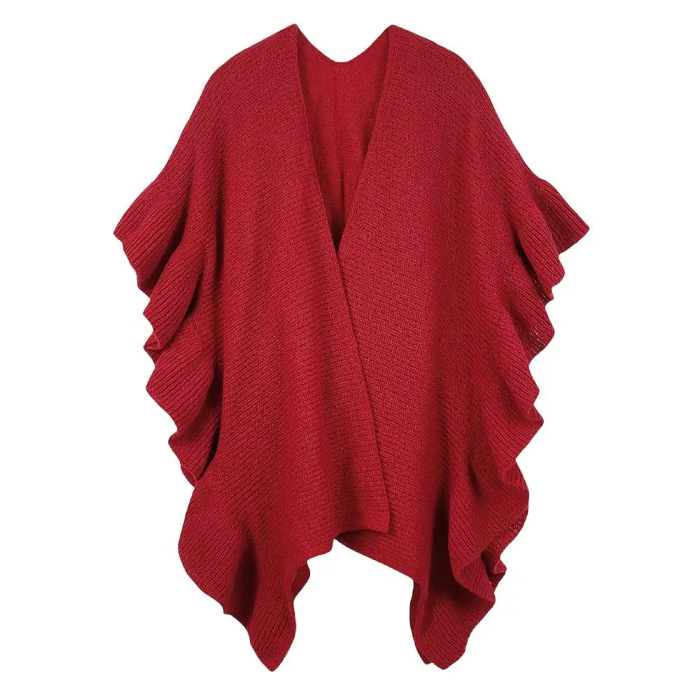 Reversible Ruffle Sleeves Knit Ruana Poncho