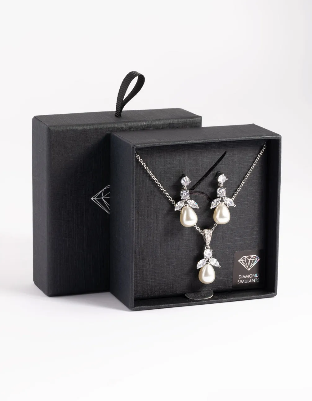 Rhodium Diamond Simulant Flower Pearl Necklace & Earrings Set