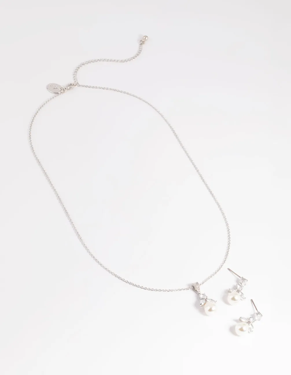 Rhodium Diamond Simulant Flower Pearl Necklace & Earrings Set