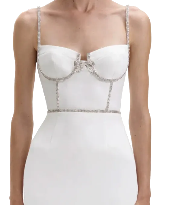 Self-Portrait White Bow-tie Crystal-embellished Crepe Mini Dress BNWT UK 16