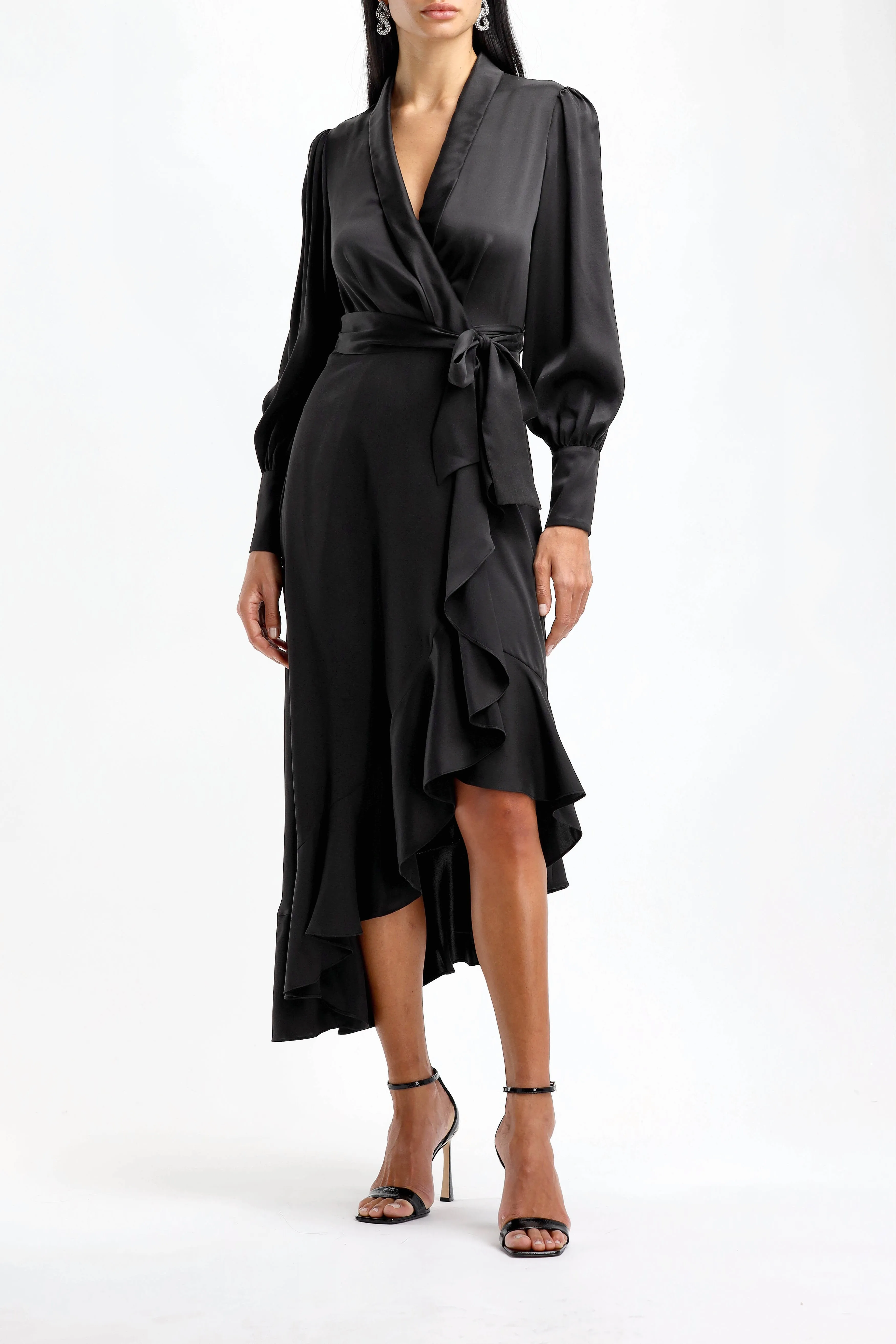 Silk Wrap Midi Dress in Schwarz