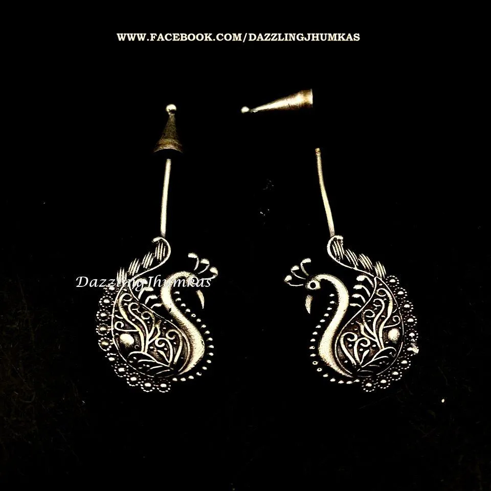 Silver Lookalike Peacock Oxidised Dangler Earrings