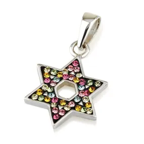 Star of David Pendant With Colorful Gemstones   925 Sterling Silver Necklace