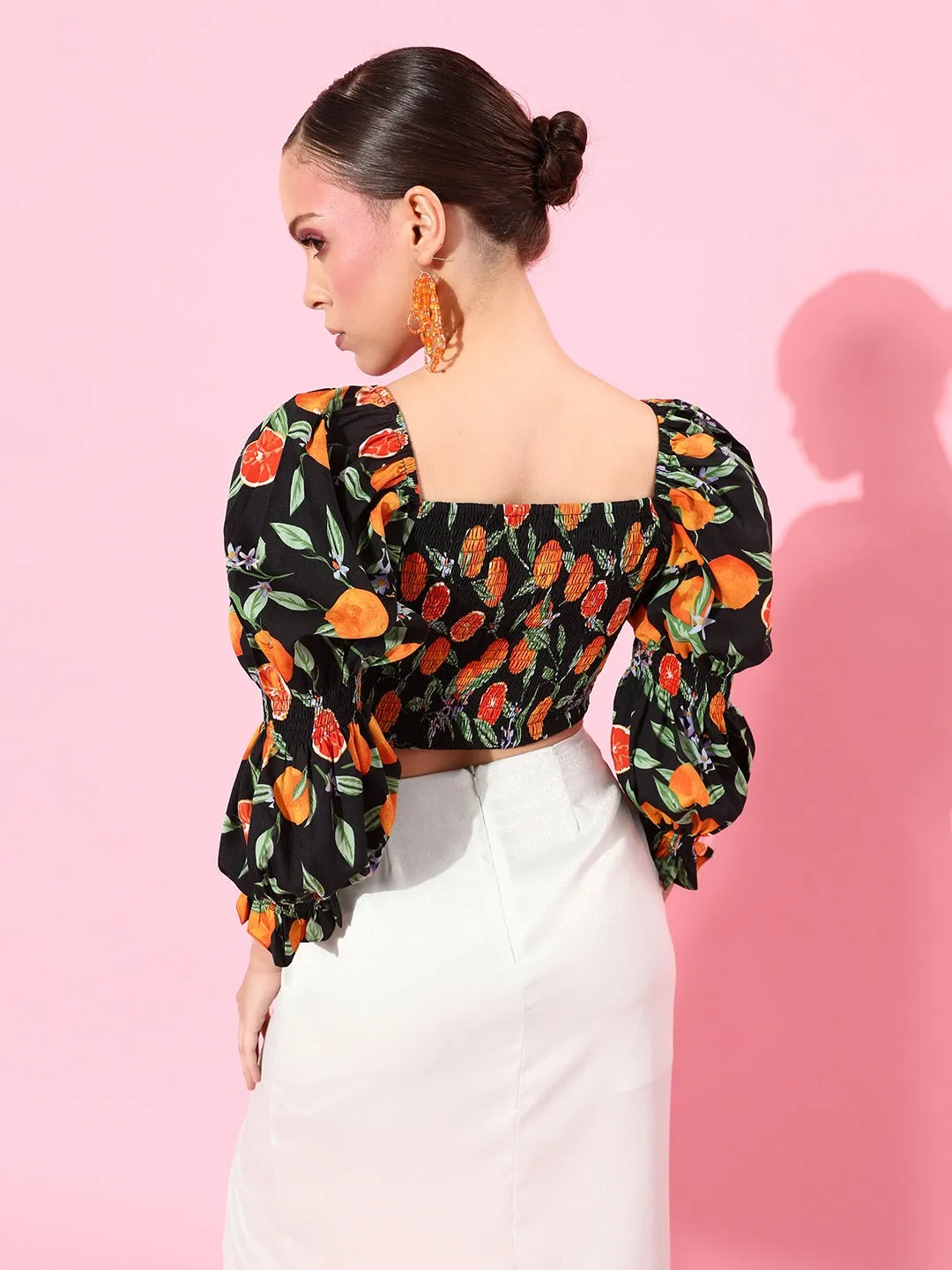 Style Quotient Black & Orange Print Sweetheart Neck Bishop Sleeves Crop Top