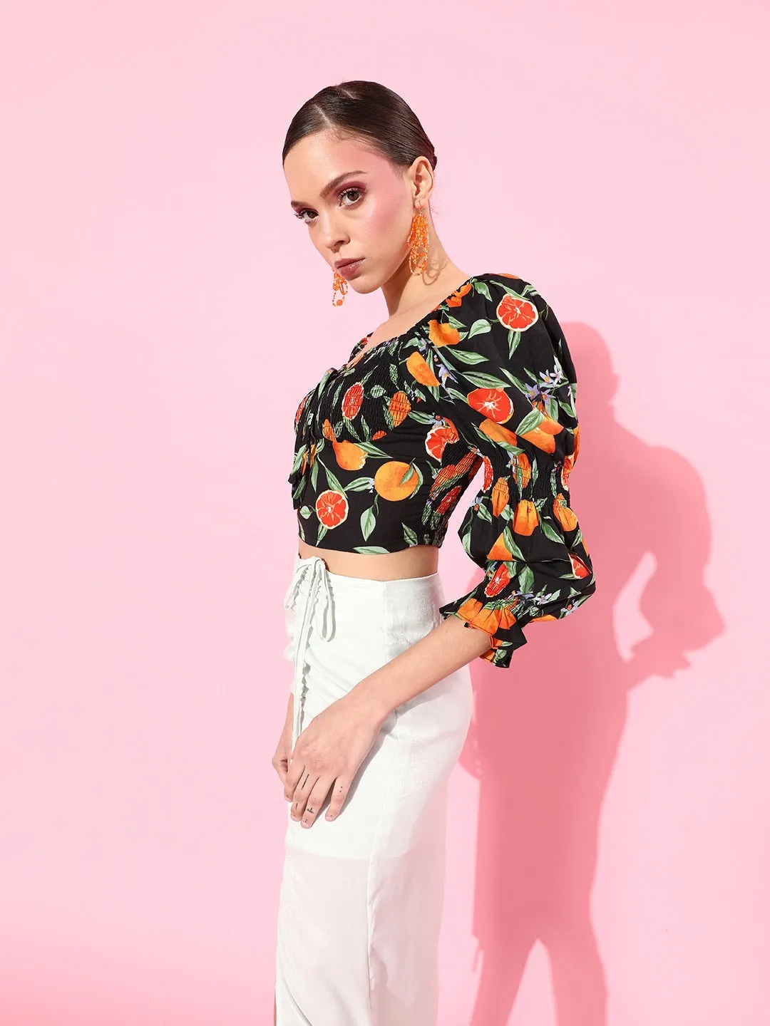 Style Quotient Black & Orange Print Sweetheart Neck Bishop Sleeves Crop Top