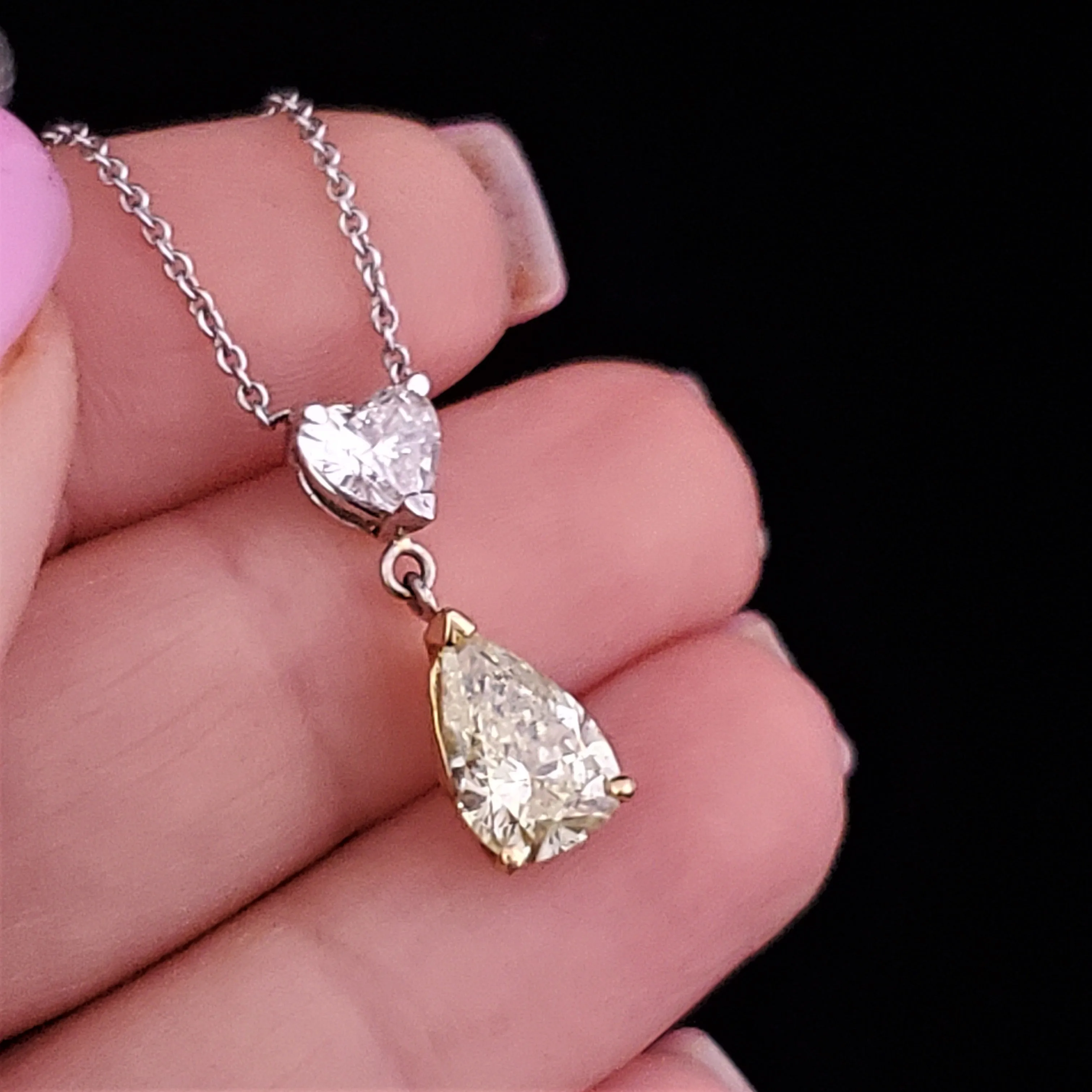 The Biarritz - Estate 2.08ct GIA Fancy Yellow Pear Cut Diamond & Heart Cut Diamond 14k Gold Necklace