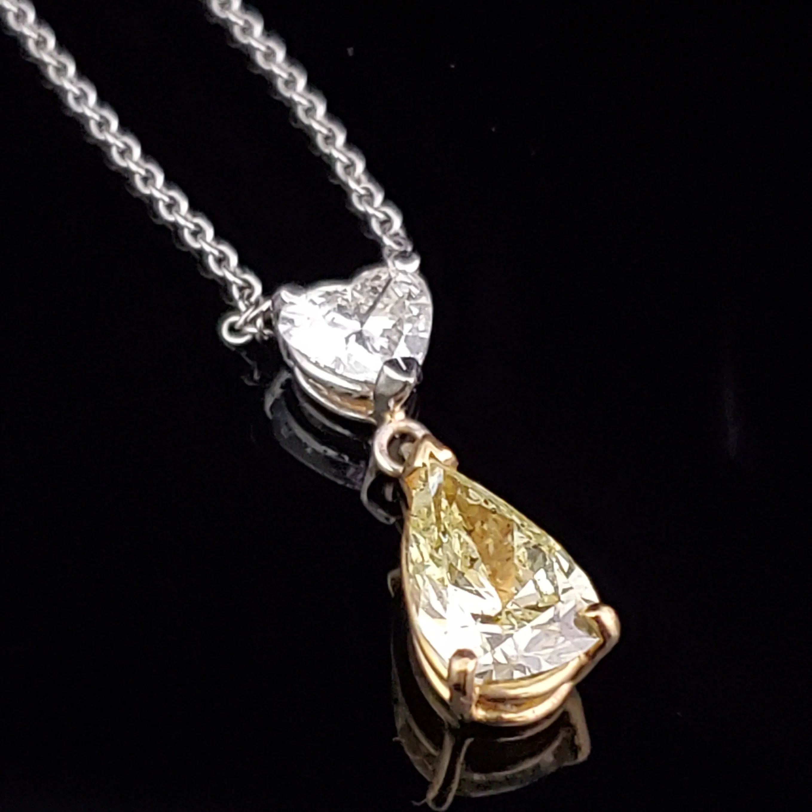 The Biarritz - Estate 2.08ct GIA Fancy Yellow Pear Cut Diamond & Heart Cut Diamond 14k Gold Necklace