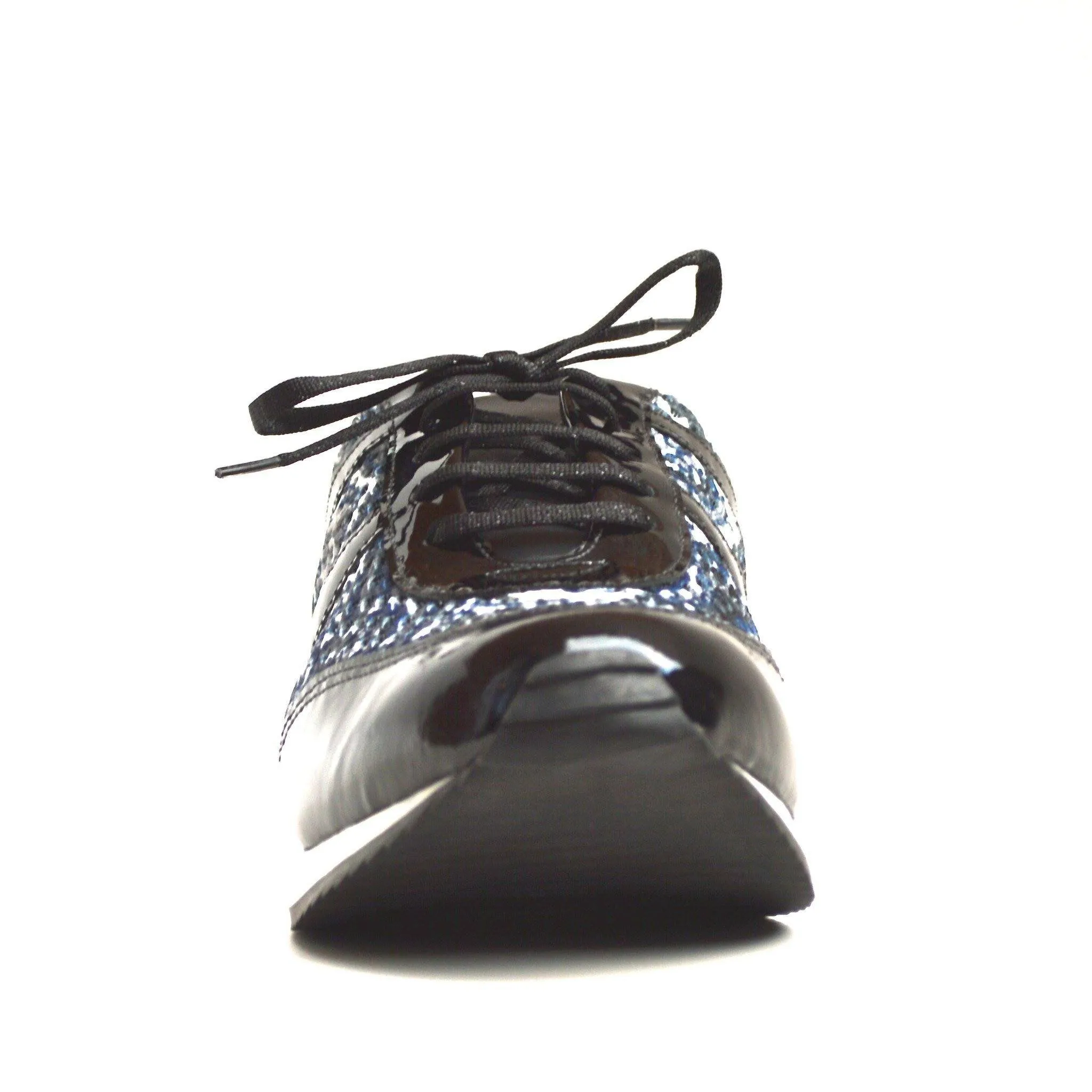 TRAIN WALKING SHOE - PATENT BLACK LEATHER / BLUE & WHITE MESH