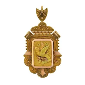 Victorian 15kt Multi-Tone Etruscan Bird Pin/Pendant with Locket