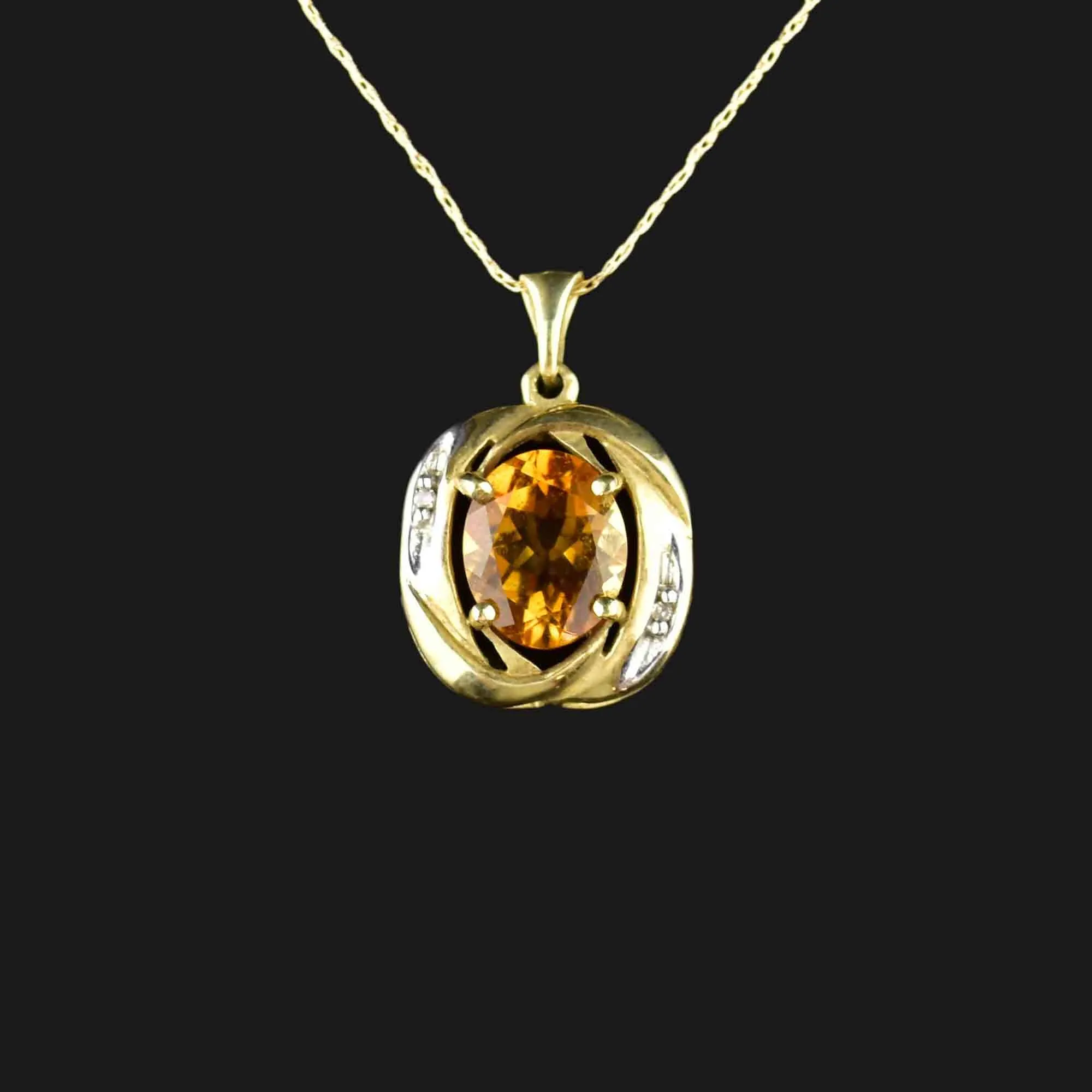 Vintage 10K Gold Diamond Citrine Pendant Necklace