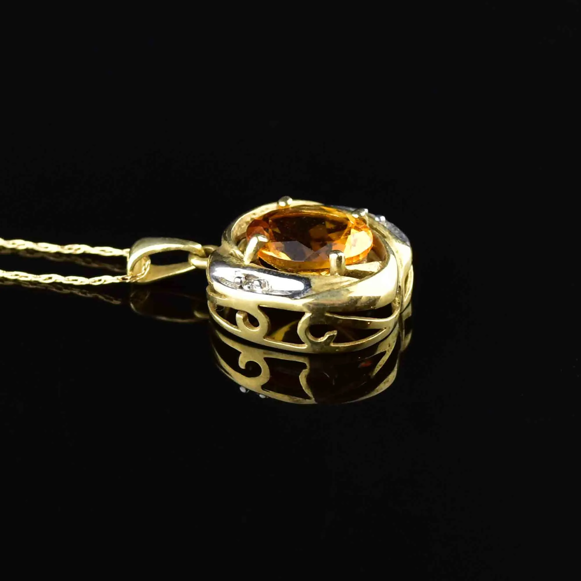 Vintage 10K Gold Diamond Citrine Pendant Necklace