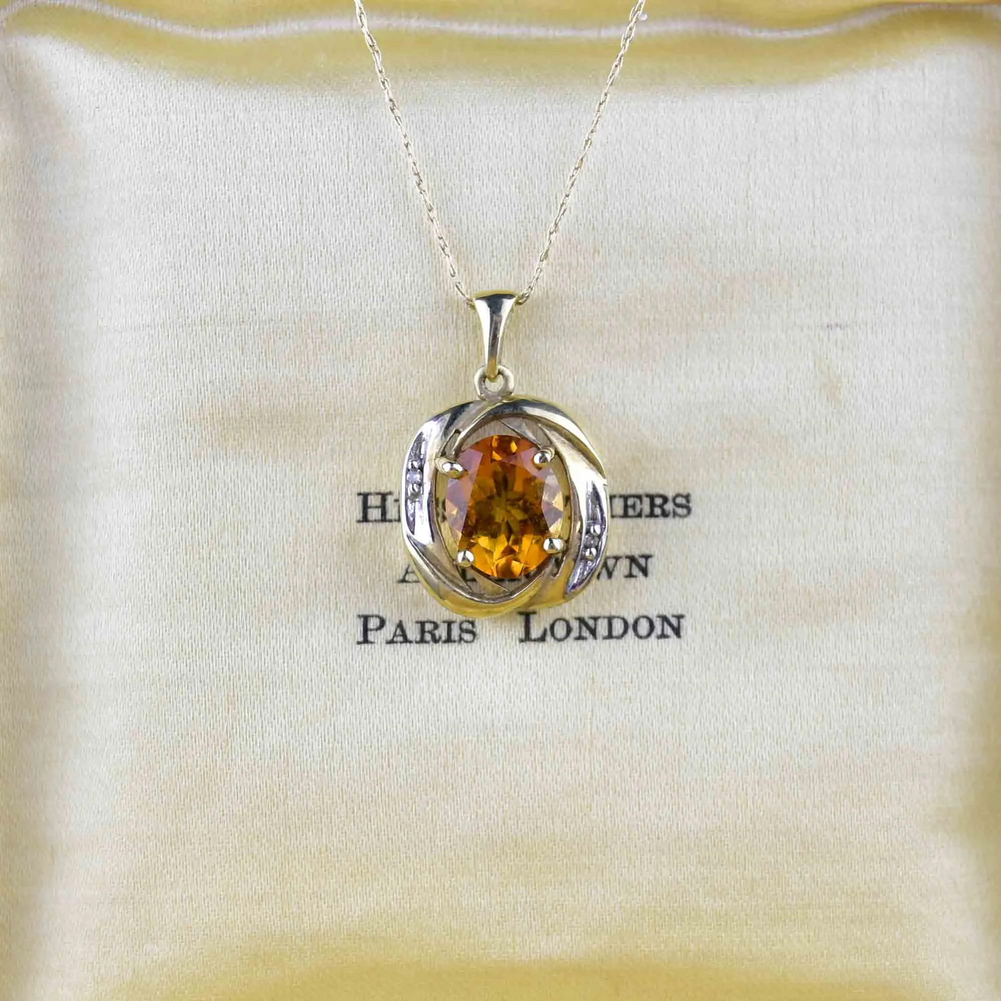 Vintage 10K Gold Diamond Citrine Pendant Necklace