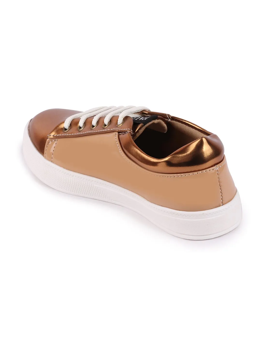 Women Beige/Antique Casual Faux Leather Lace-Up Sneakers