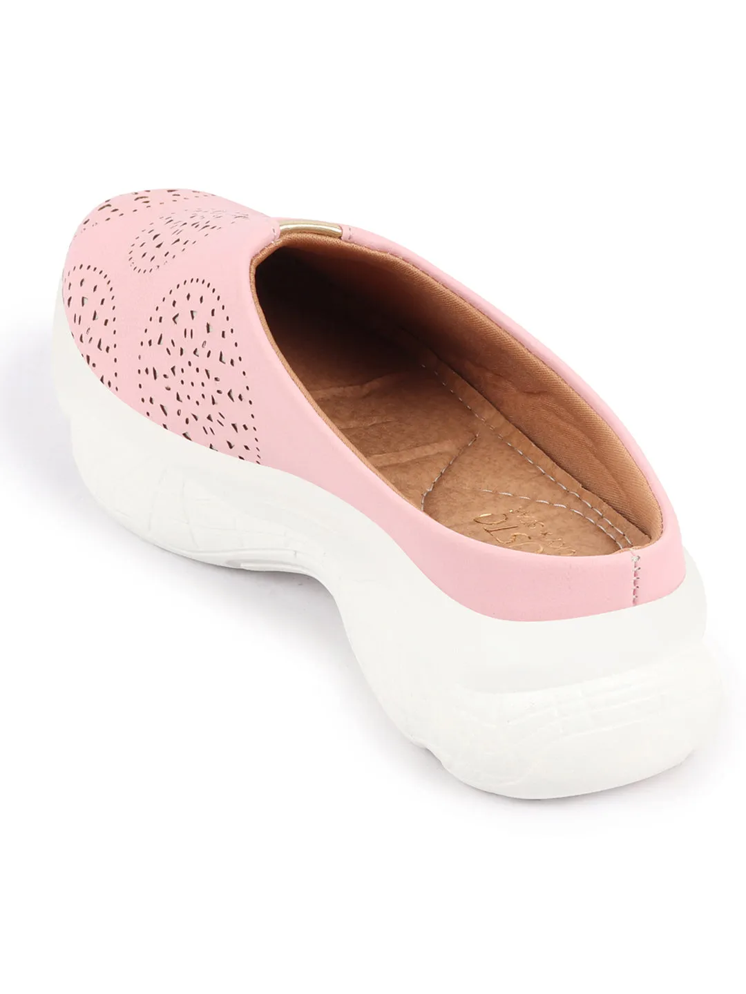 Women Pink Laser Cut Design Back Open Slip On Mules Shoes