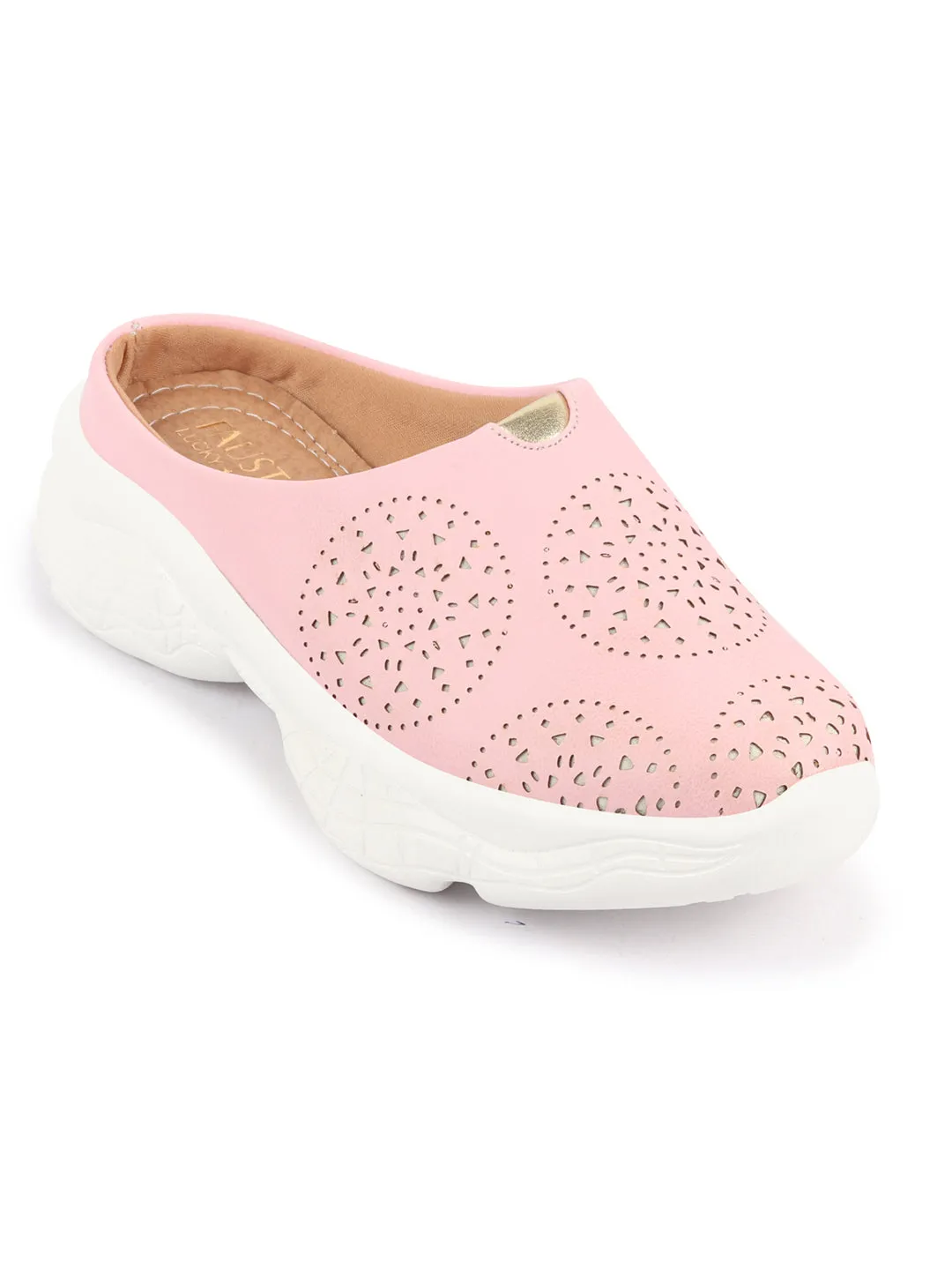 Women Pink Laser Cut Design Back Open Slip On Mules Shoes