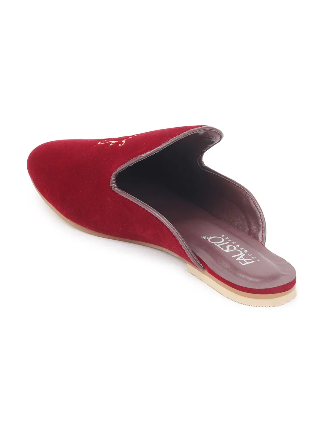 Women Red Embroidery Velvet Back Open Flat Mules