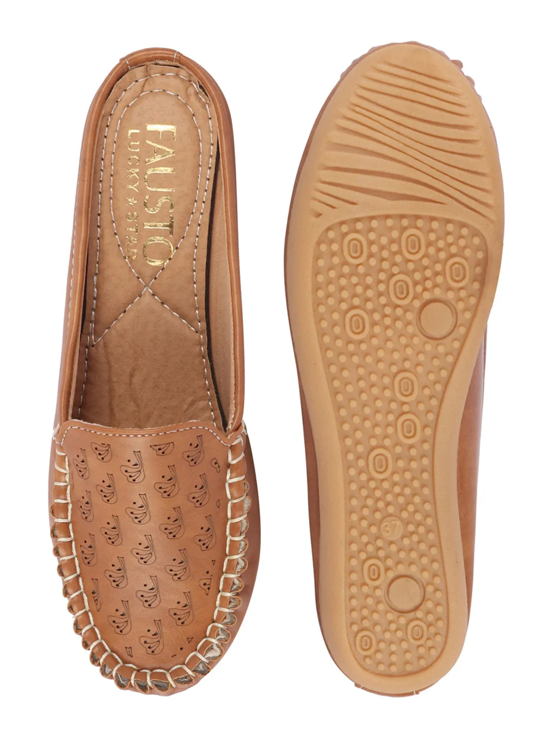 Women Tan Side Stitched Printed Back Open Slip On Mules Shoes