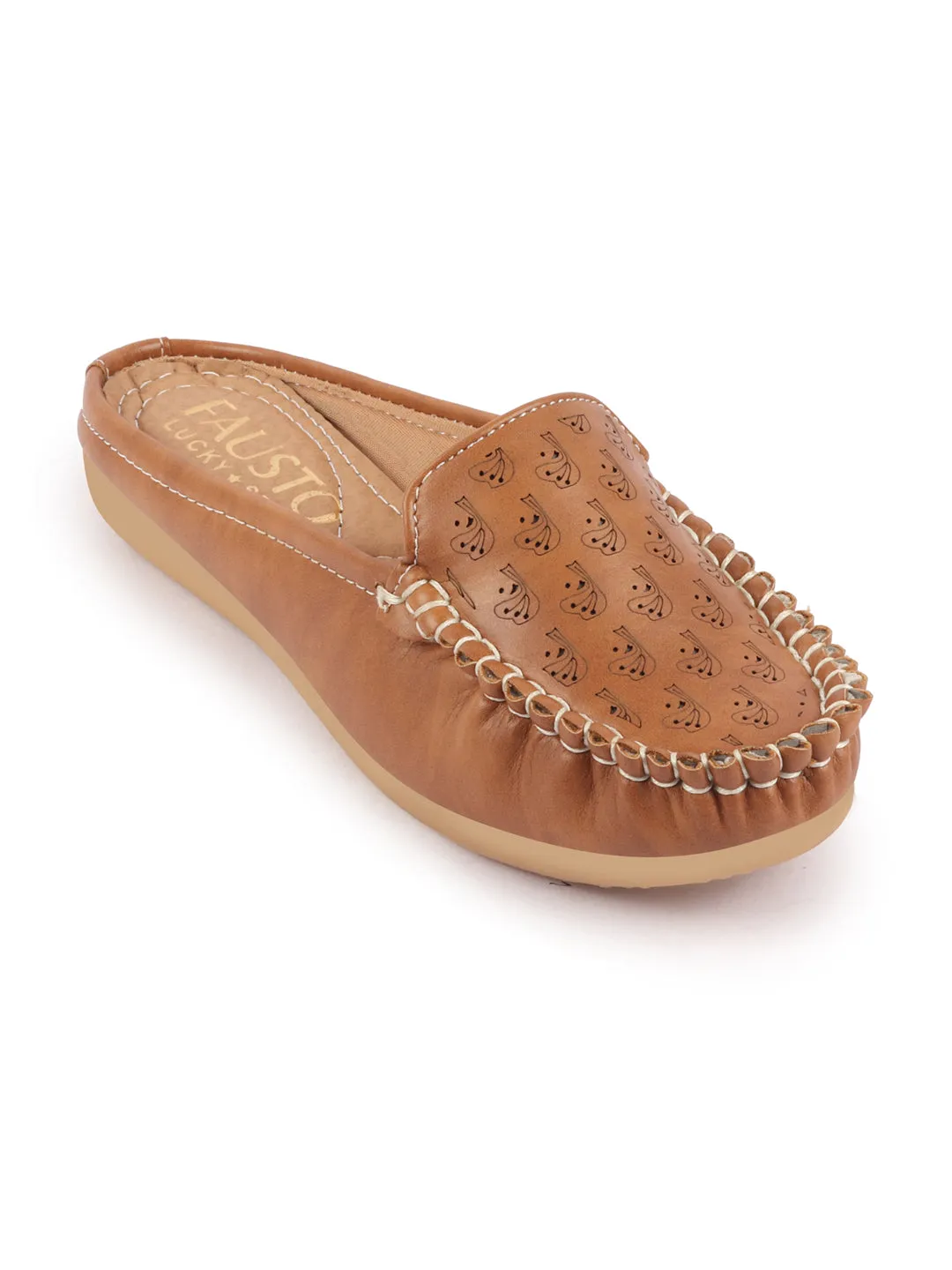 Women Tan Side Stitched Printed Back Open Slip On Mules Shoes