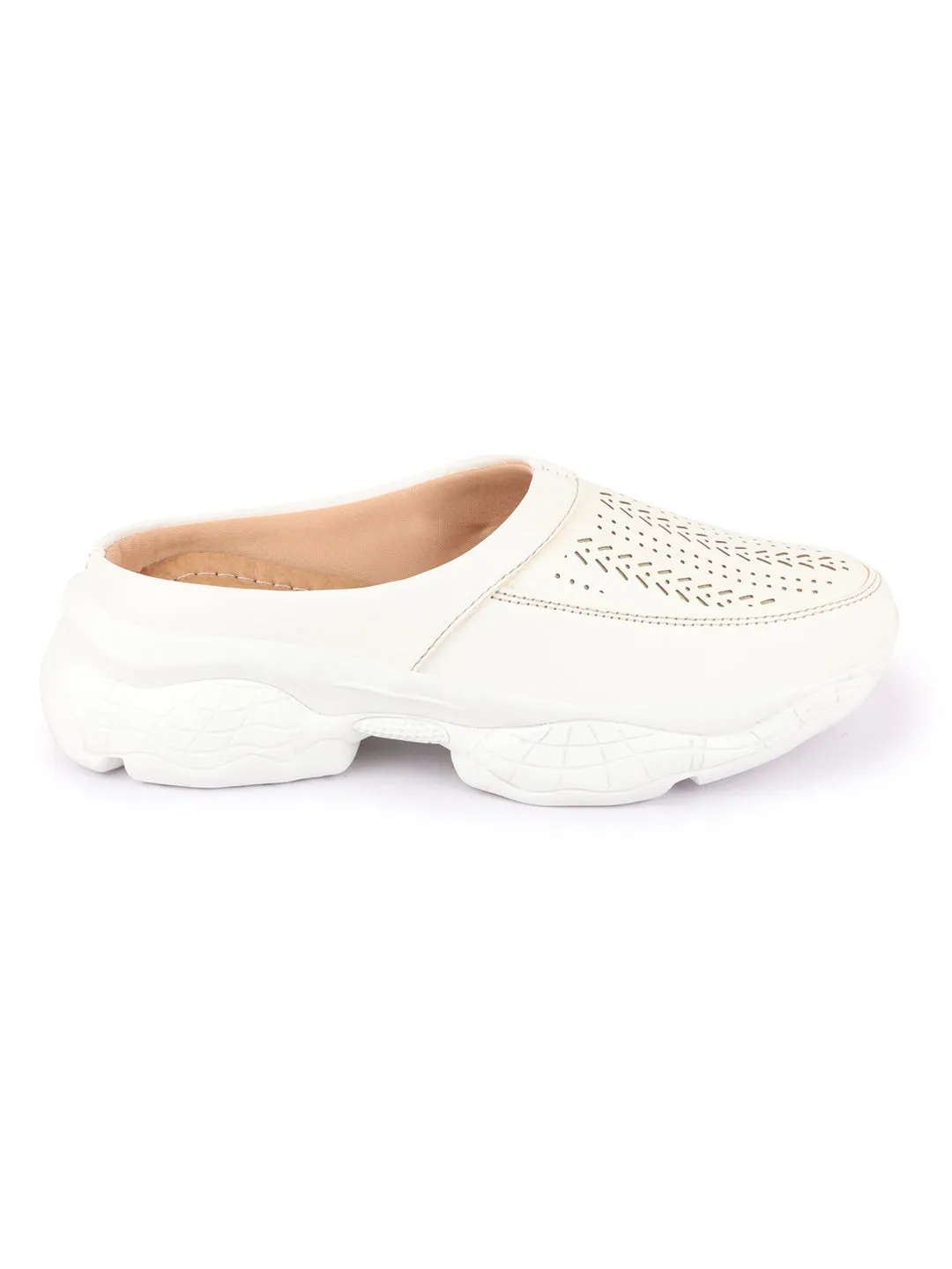 Women White Laser Cut Design Stitched Back Open Slip On Mules Shoes