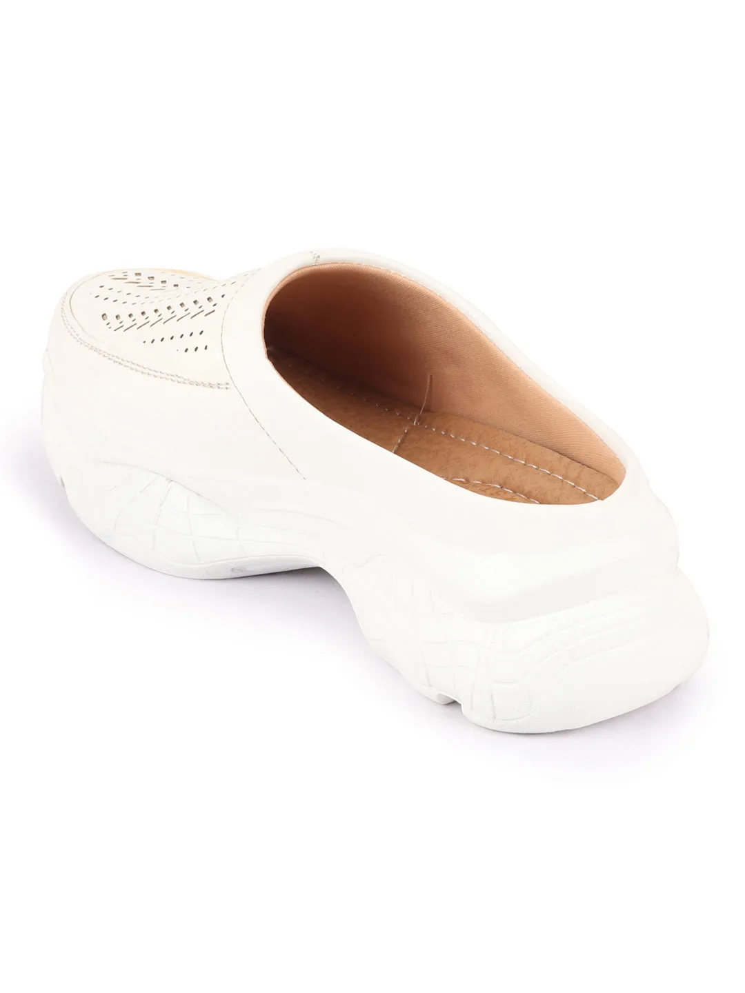 Women White Laser Cut Design Stitched Back Open Slip On Mules Shoes