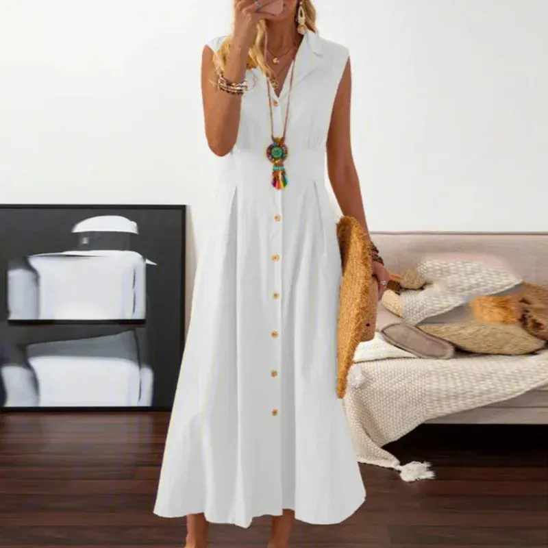 Women's Casual Shirt Dress New Summer Skirt Lapel A-line Vintage Cotton Maxi White Button Elegant Office Lady Dresses For Women