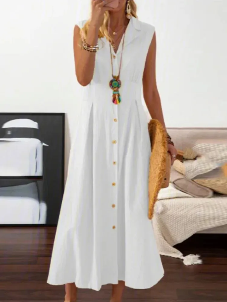 Women's Casual Shirt Dress New Summer Skirt Lapel A-line Vintage Cotton Maxi White Button Elegant Office Lady Dresses For Women